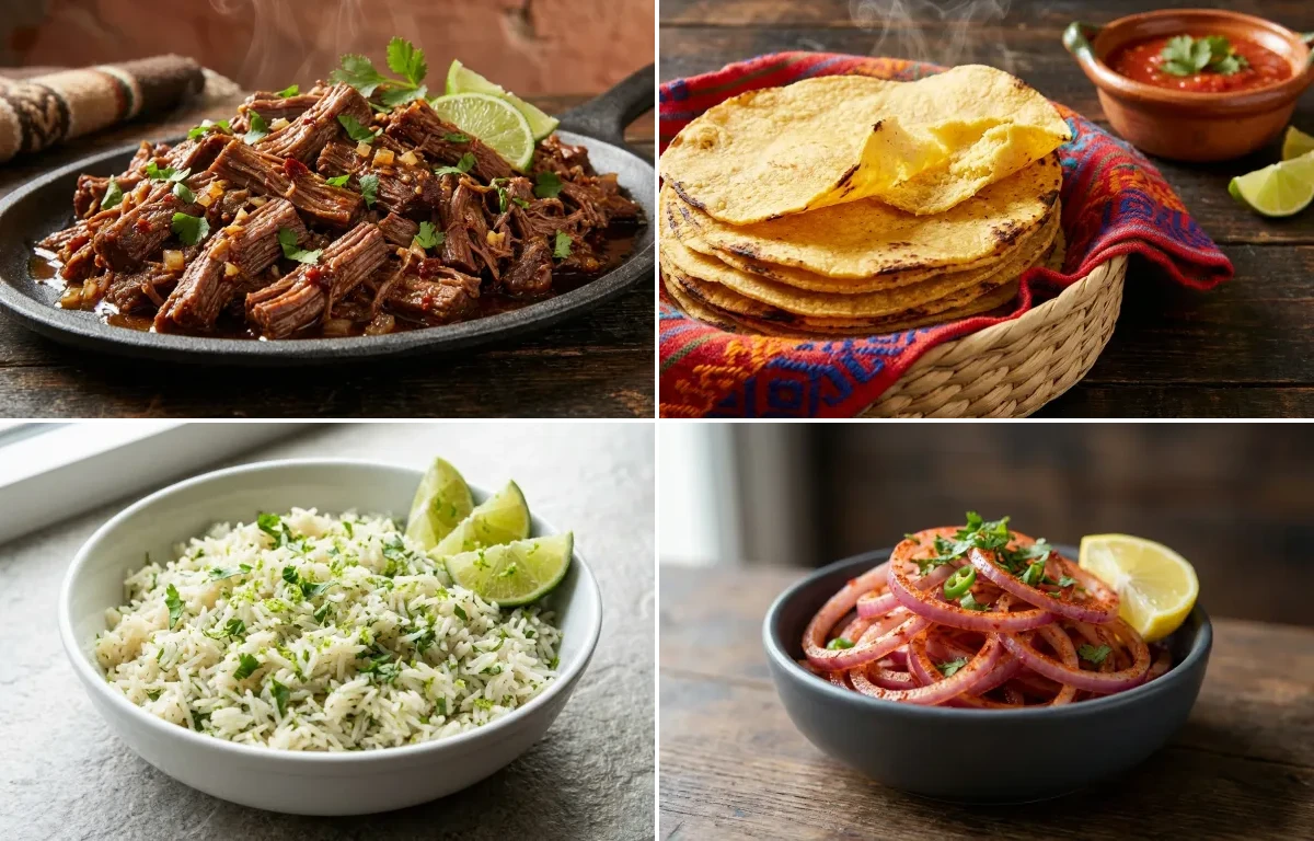 Beef Barbacoa with Corn Tortillas, Cilantro Lime Rice, Lachha Pyaaz and Salsa Roja