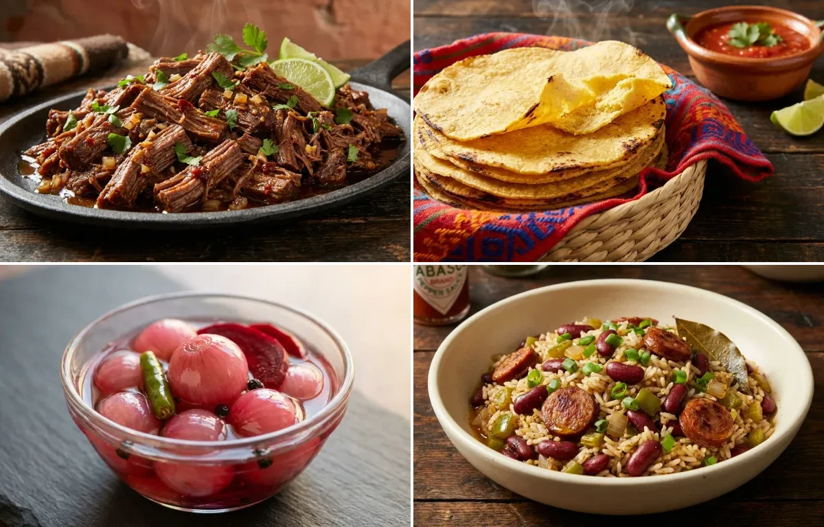 Beef Barbacoa with Corn Tortillas, Sirke Wale Pyaz and Rice and Beans