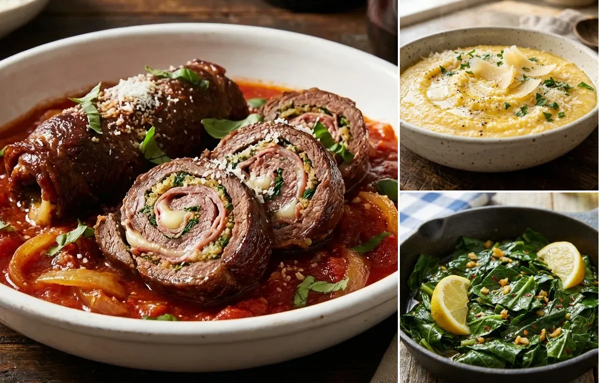 Beef Braciole with Parmesan Polenta and Sauteed Greens with Garlic and Lemon