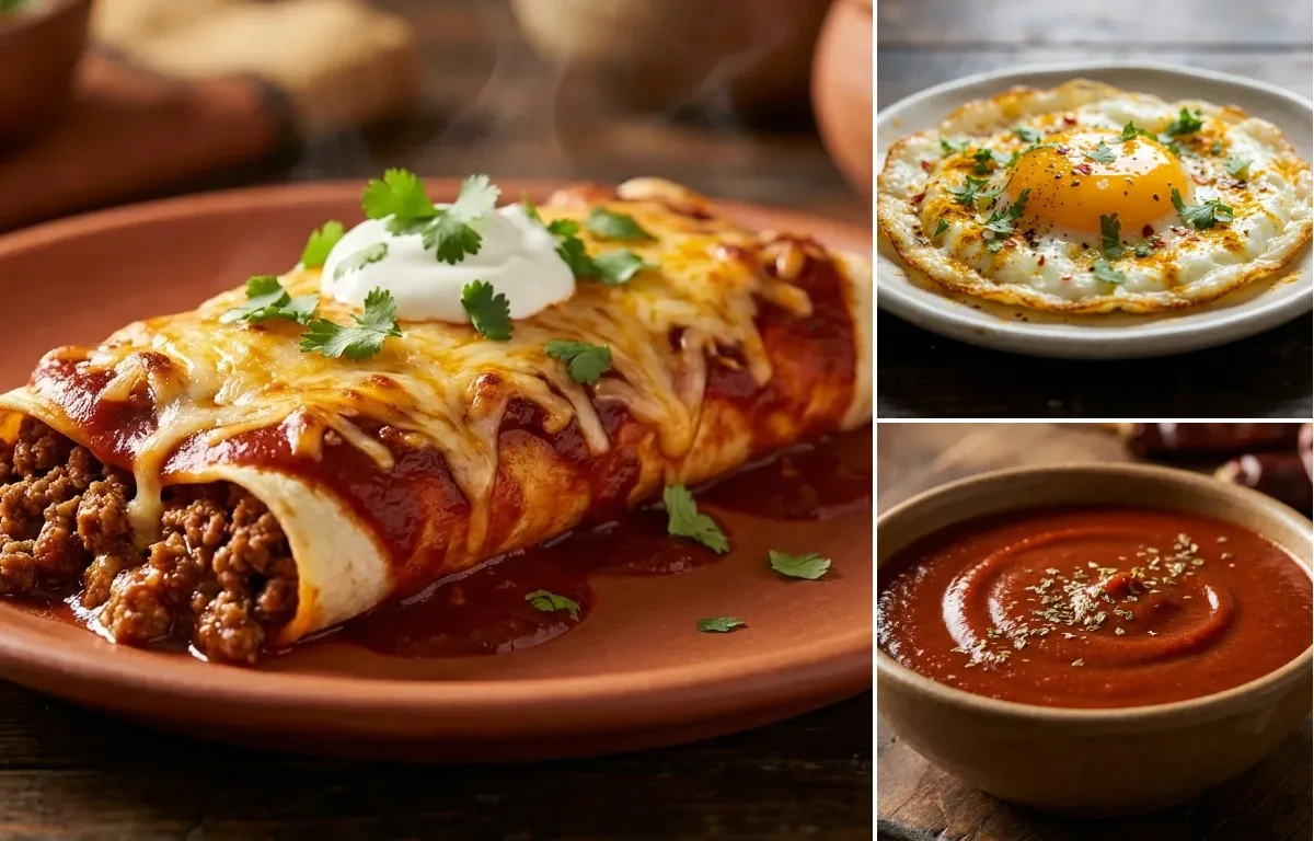 Beef Enchiladas with Fried Egg and Red Chile Sauce