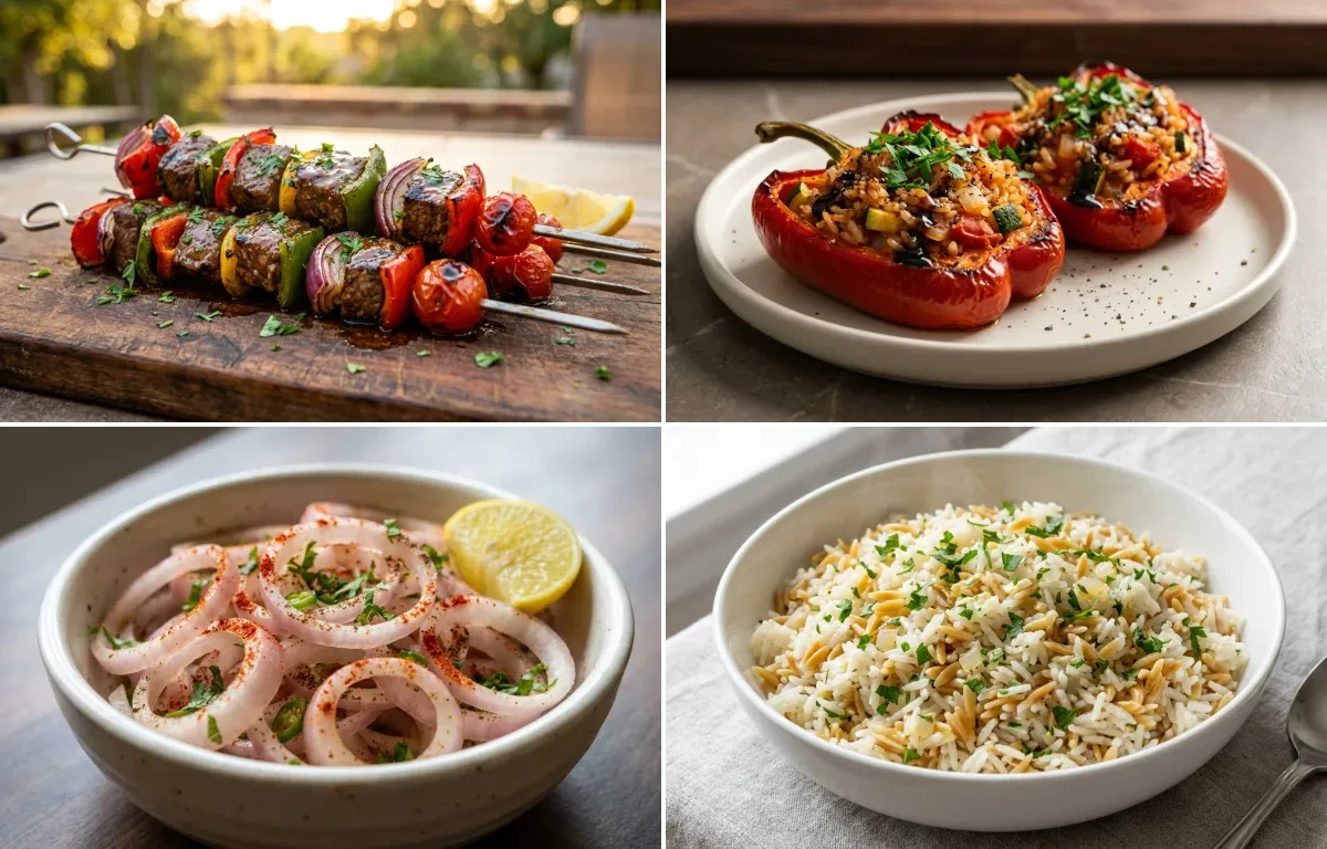 Beef Kebabs with Stuffed Bell Peppers, Laccha Pyaaz and Rice Pilaf
