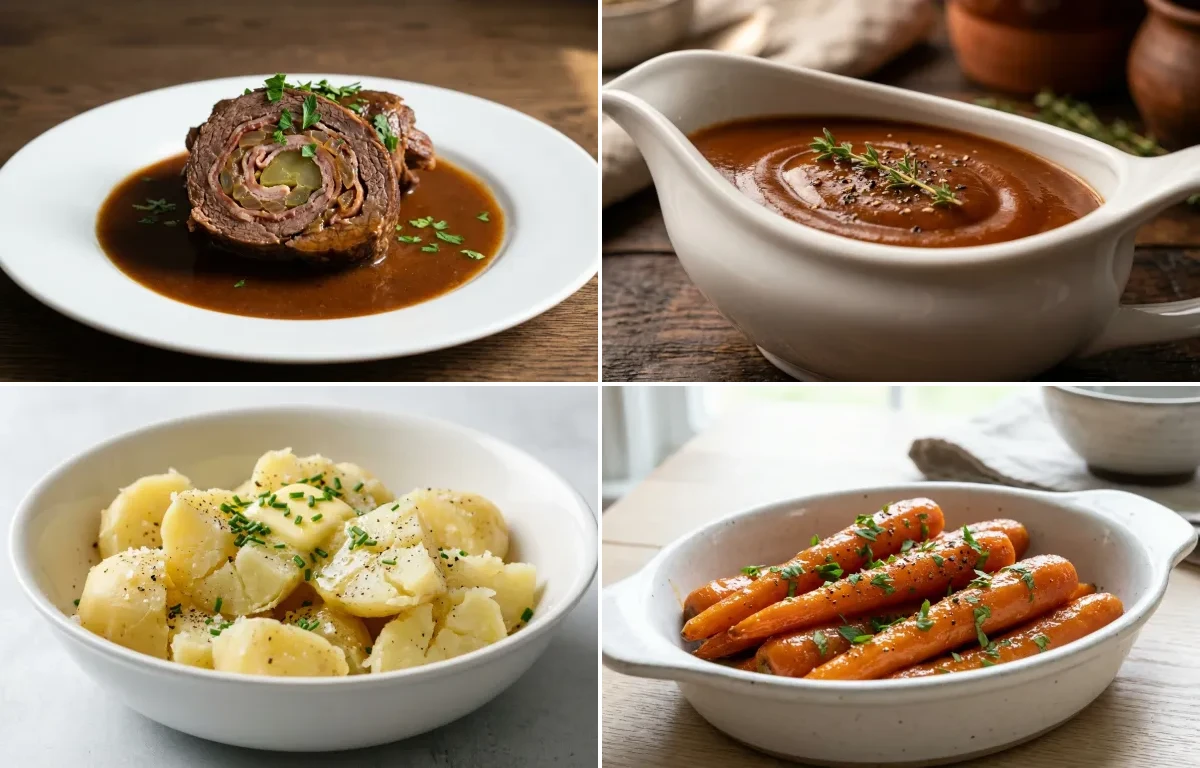 Beef Rouladen with Brown Gravy, Boiled Potatoes and Glazed Carrots