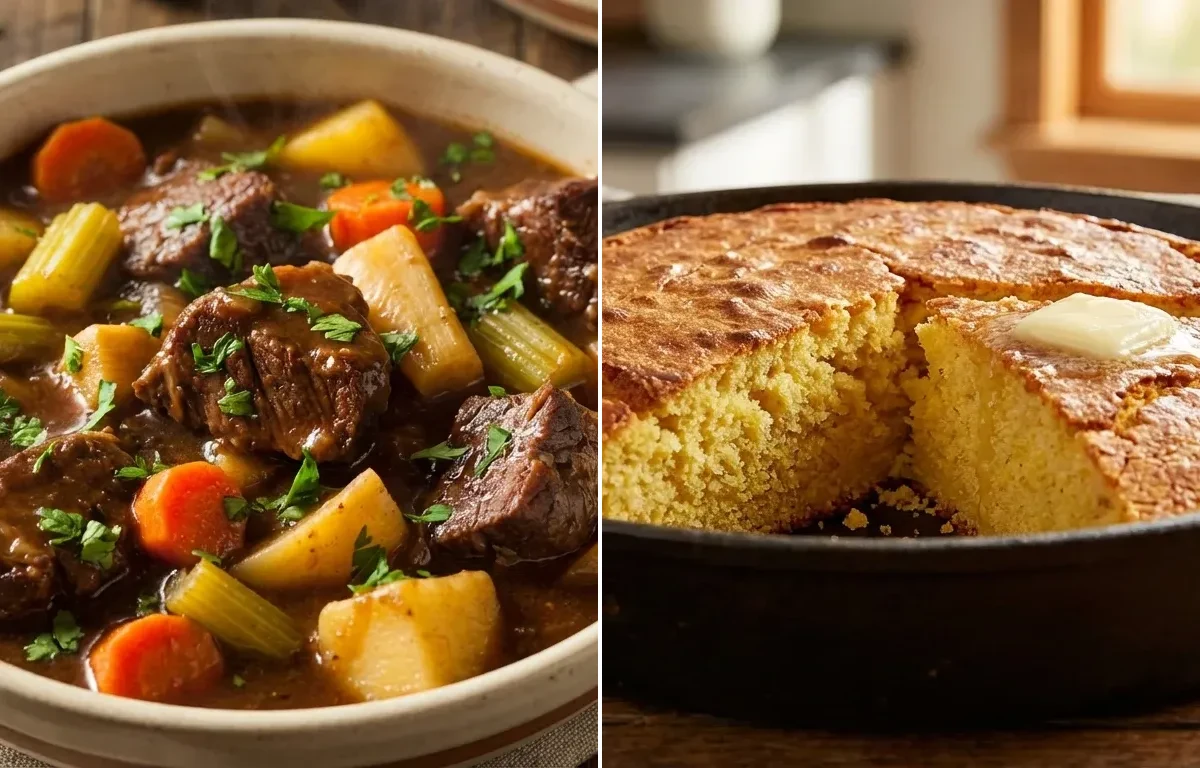Beef Stew with Root Vegetables with Cornbread