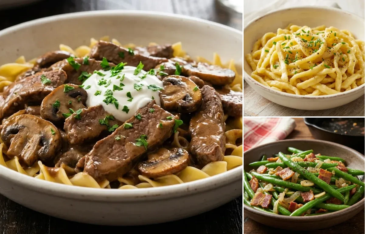 Beef Stroganoff with Egg Noodles and Sauteed Green Beans with Bacon