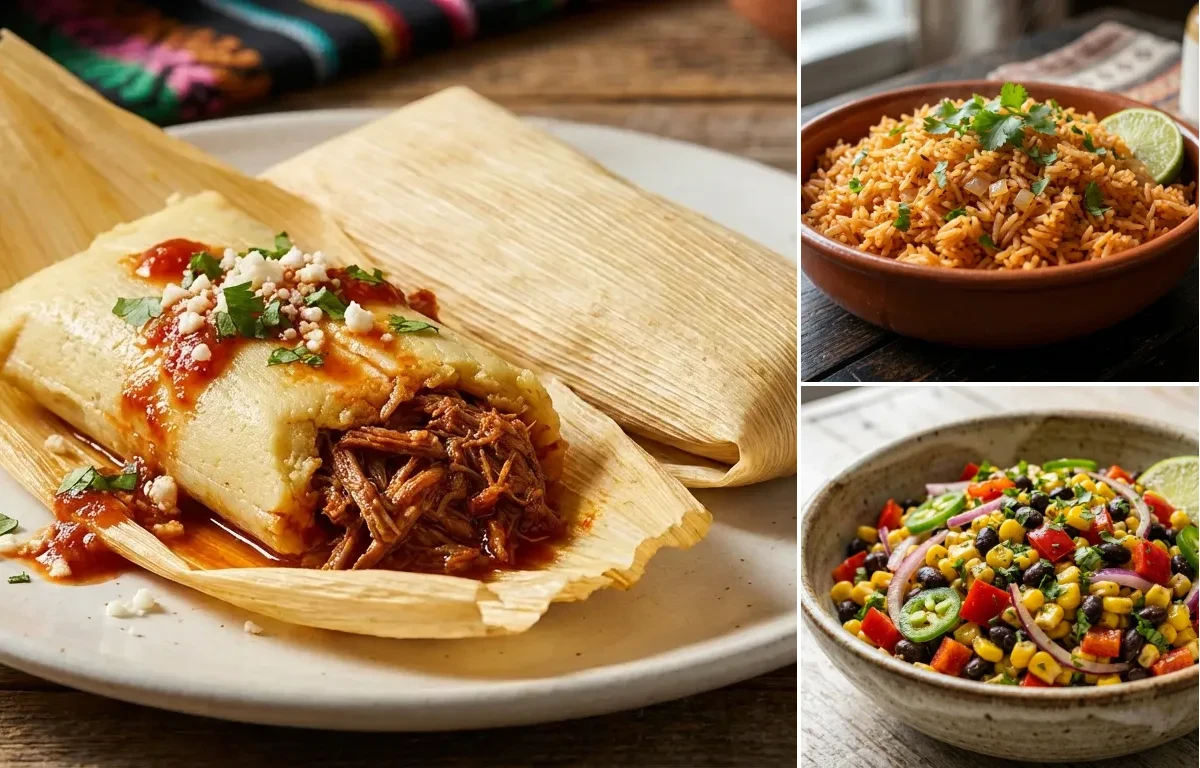 Beef Tamales with Spanish Rice and Corn Salad
