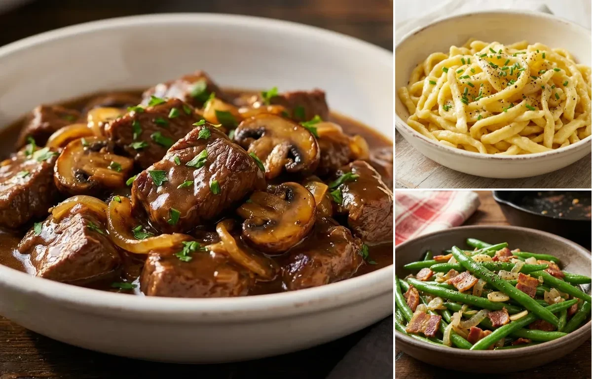 Beef Tips and Gravy with Egg Noodles and Sauteed Green Beans with Bacon