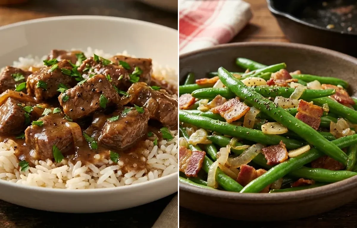 Beef Tips and Rice with Sauteed Green Beans with Bacon