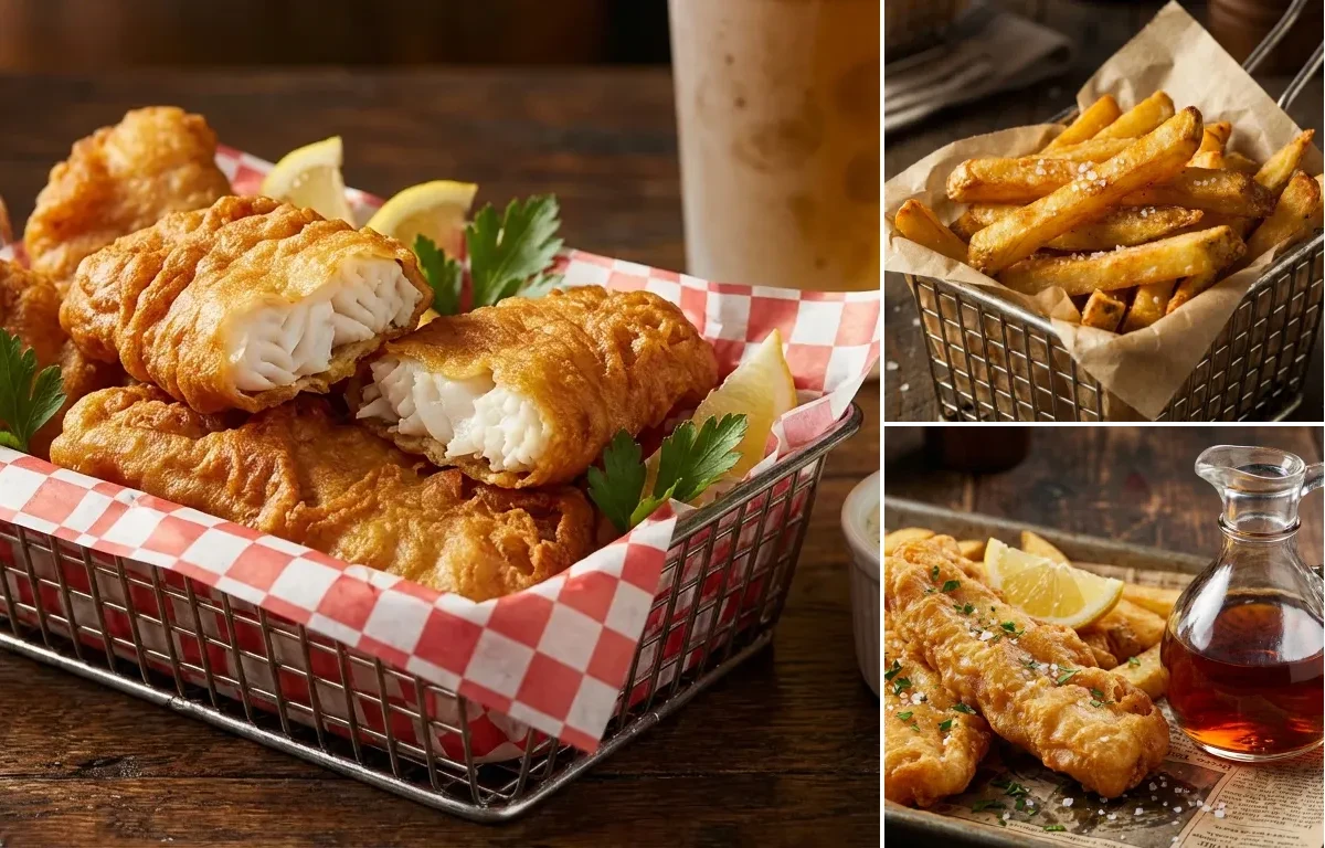 Beer Battered Cod with French Fries and Malt Vinegar