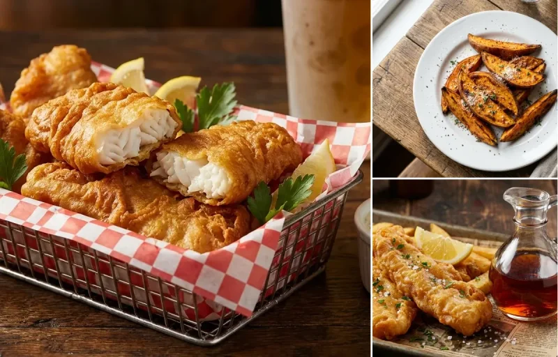 Beer Battered Cod with Sweet Potato Wedges and Malt Vinegar