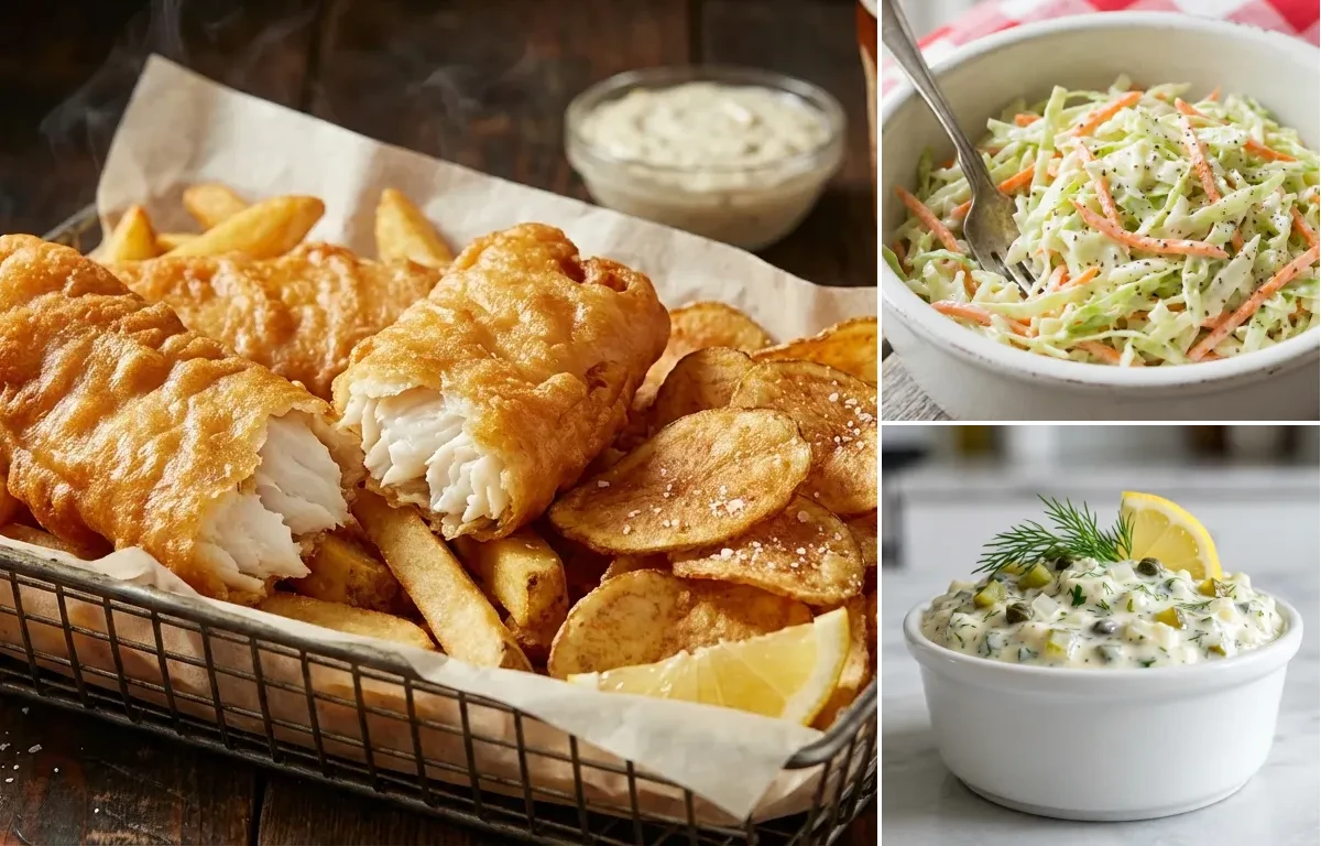 Beer Battered Fish and Chips with Coleslaw and Eggless Tartar Sauce