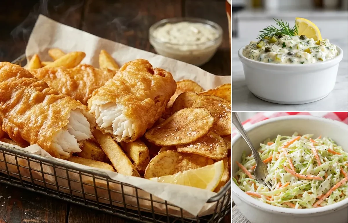 Beer Battered Fish and Chips with Eggless Tartar Sauce and Coleslaw