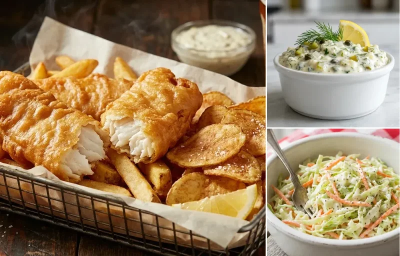 Beer Battered Fish and Chips with Eggless Tartar Sauce and Coleslaw