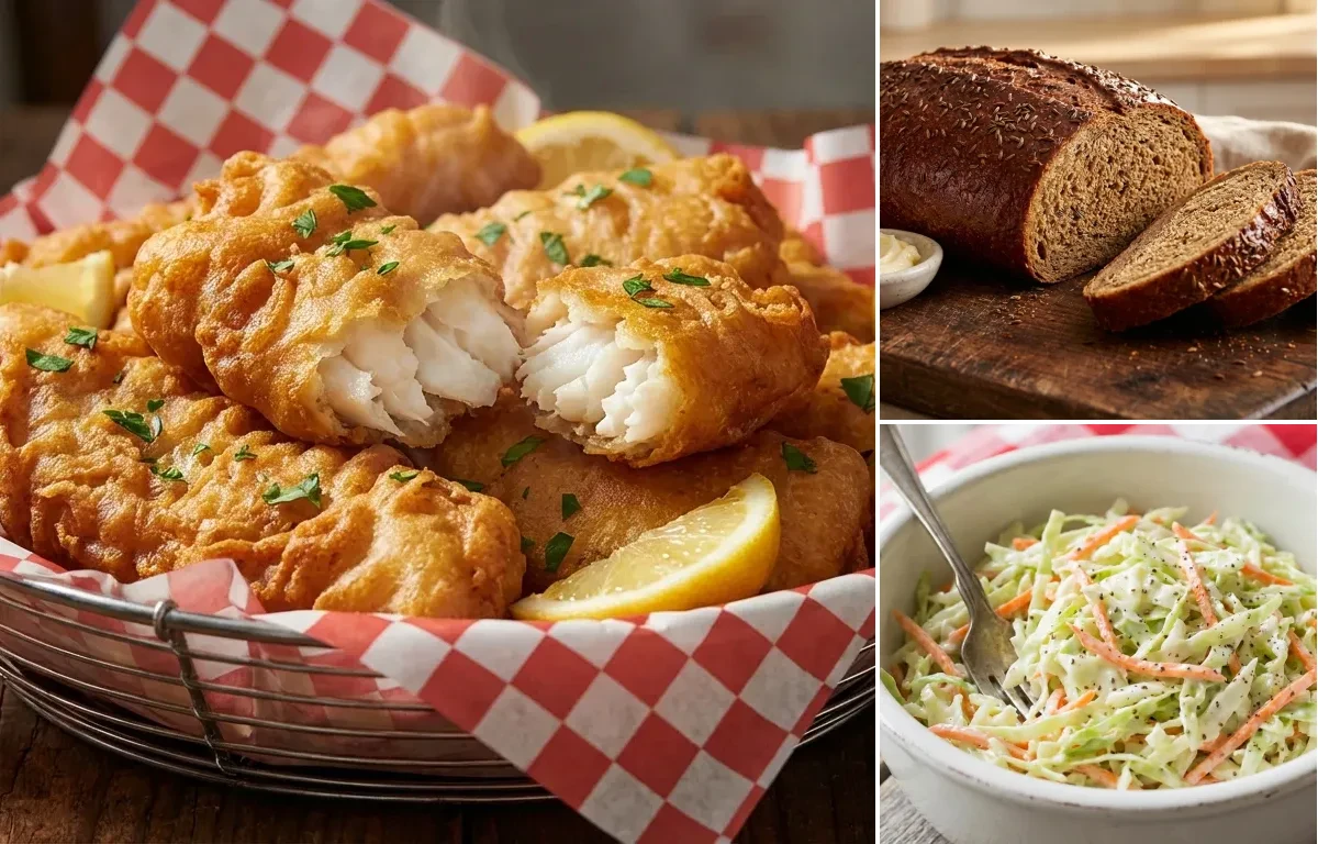Beer Battered Fish Fry with Rye Bread and Coleslaw