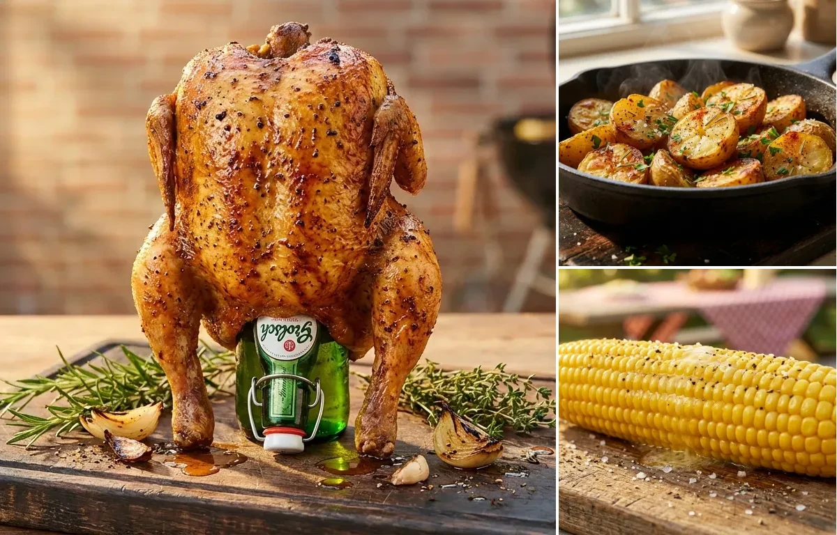 Beer Can Chicken with Roasted Potatoes and Corn on the Cob