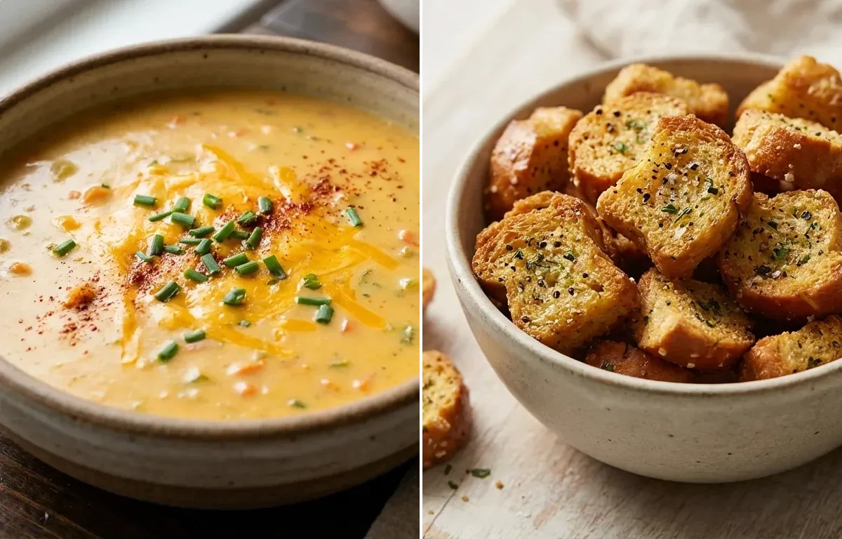 Beer Cheese Soup with Pretzel Croutons