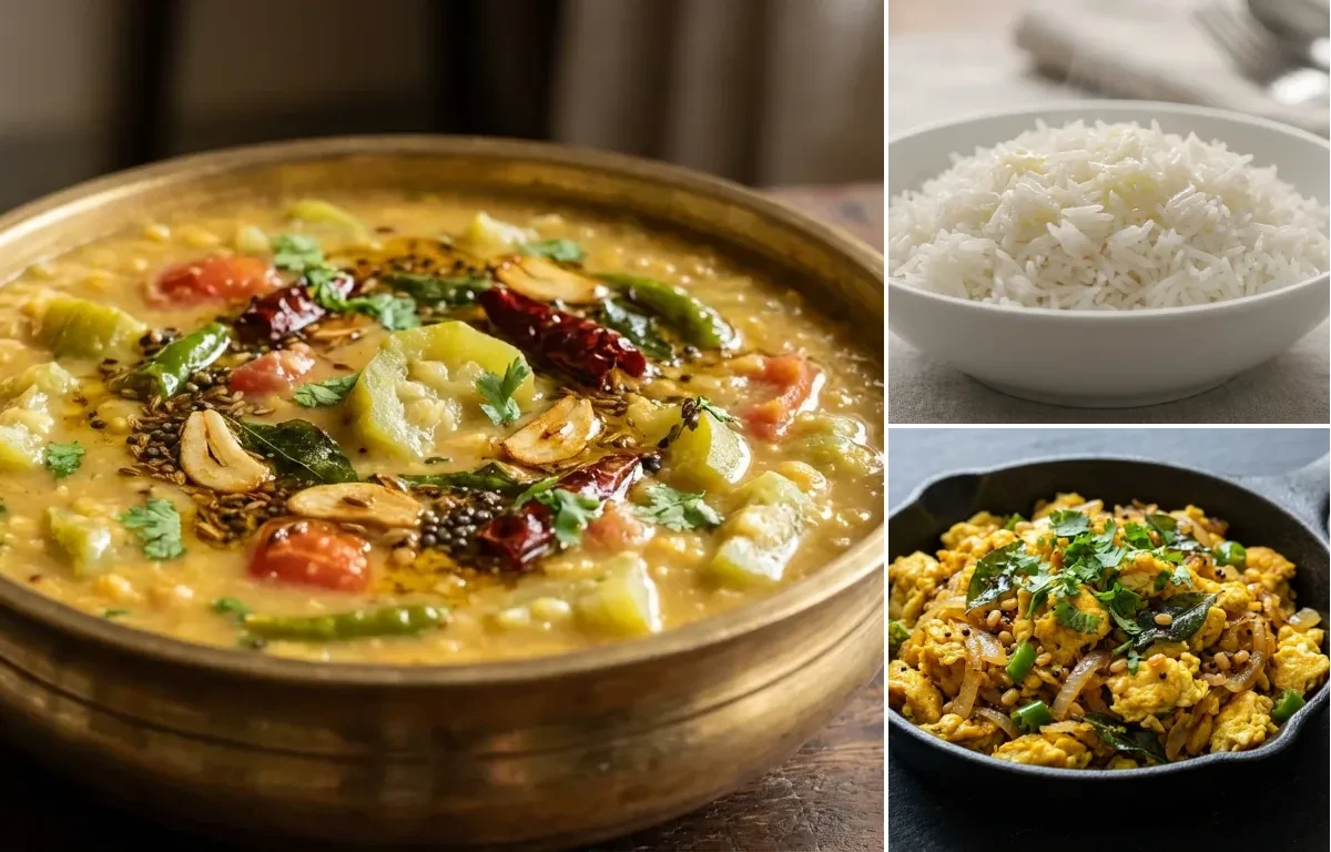 Beerakaya Pappu with Steamed Basmati Rice and Egg Porutu