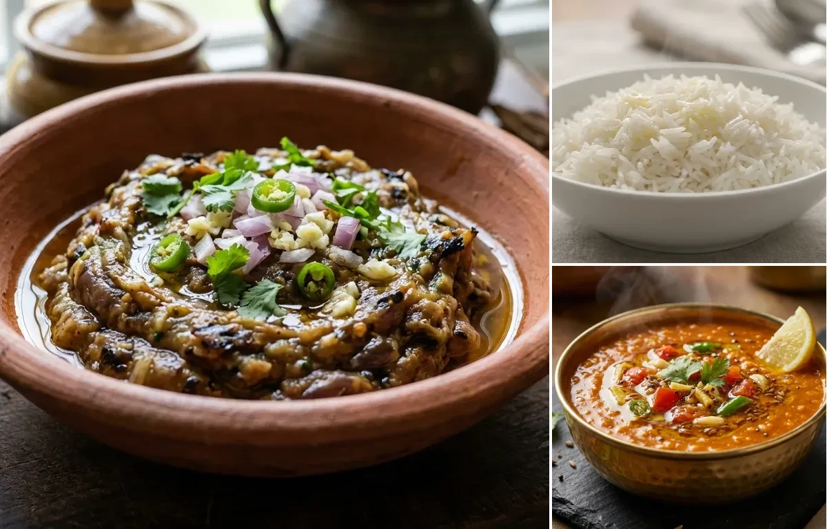 Begun Pora with Steamed Basmati Rice and Masoor Dal Tadka