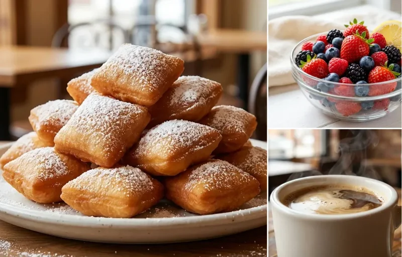 Beignets with Mixed Fresh Berries and Cafe au Lait