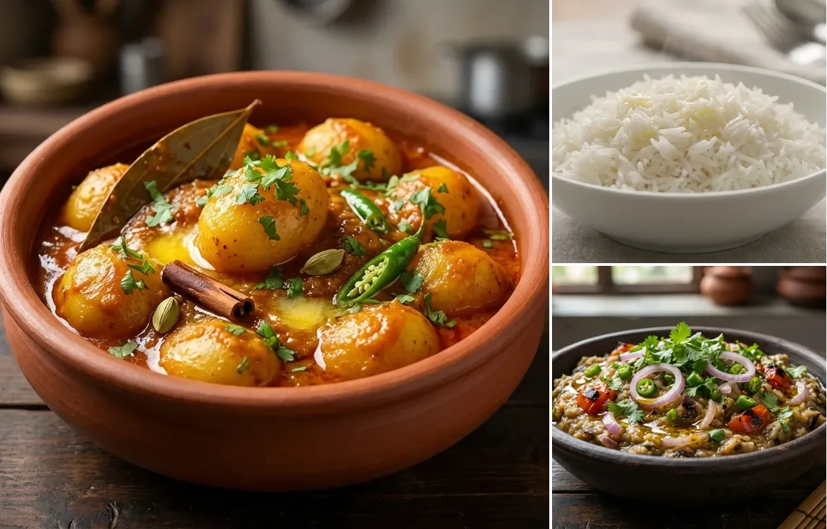 Bengali Alur Dom with Steamed Basmati Rice and Bengena Pitika