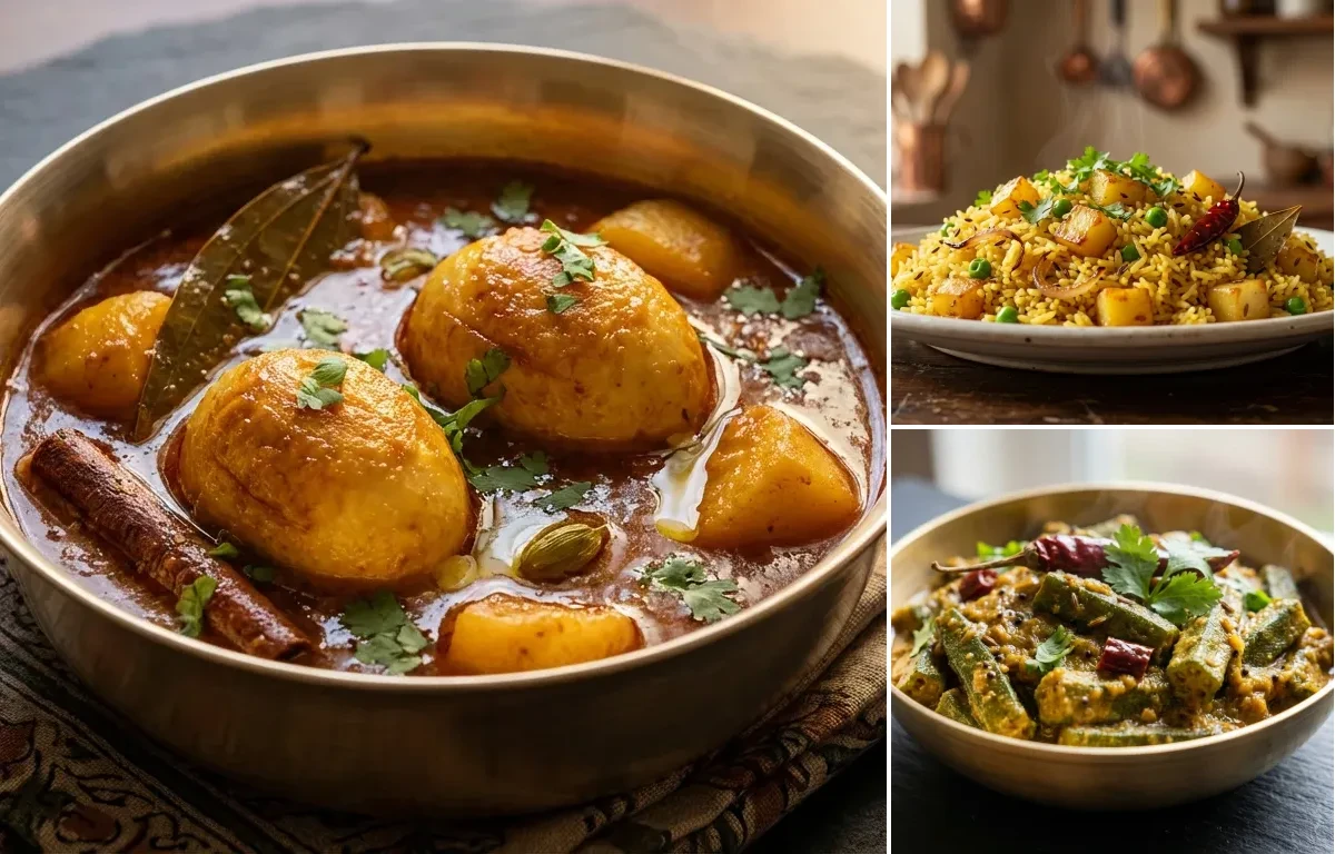 Bengali Anda Kosha with Bhaja Bhaat and Bhendi Besara