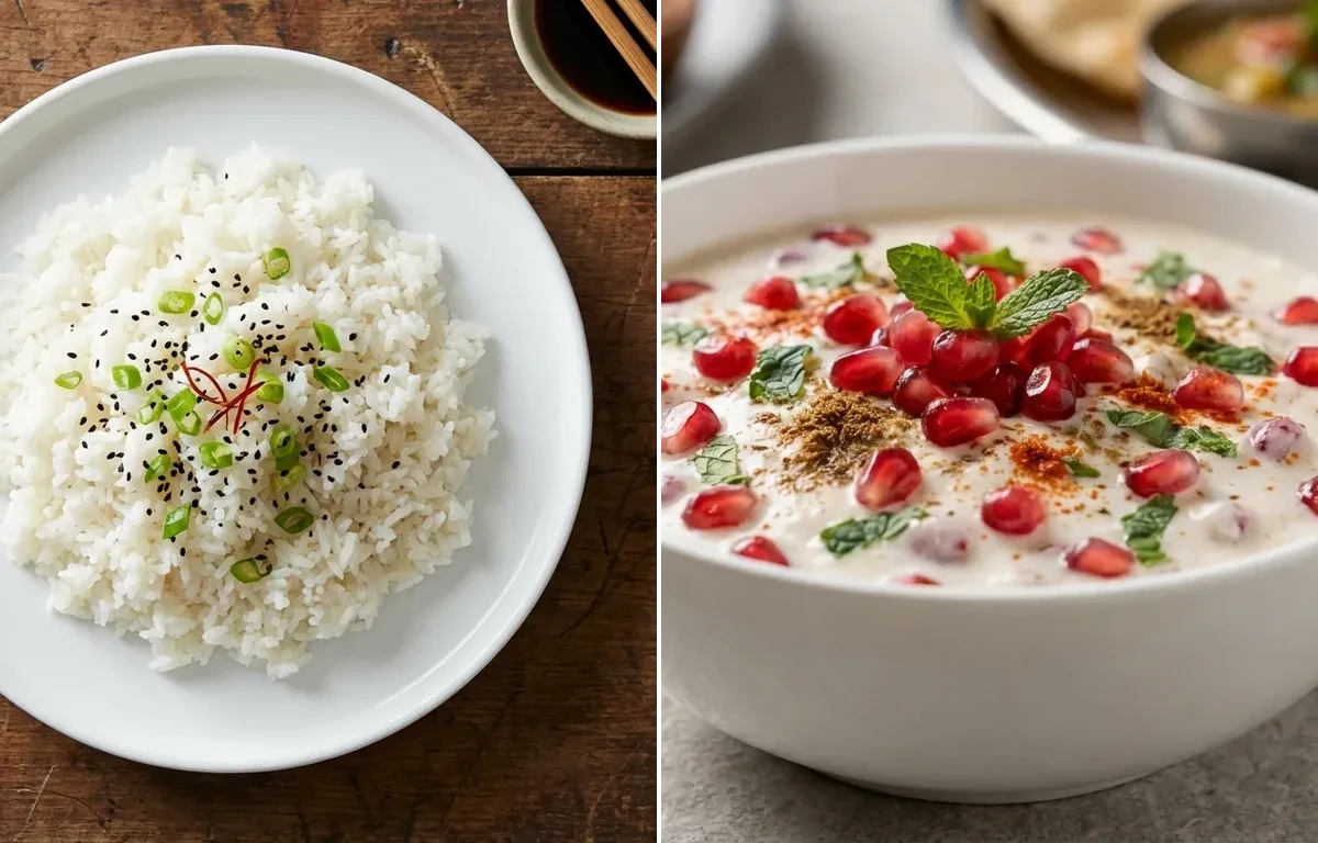 Bengali Cholar Dal with Steamed White Rice, Egg Bhurji Main, Pomegranate Raita and Mint Coriander Chutney No-Salt