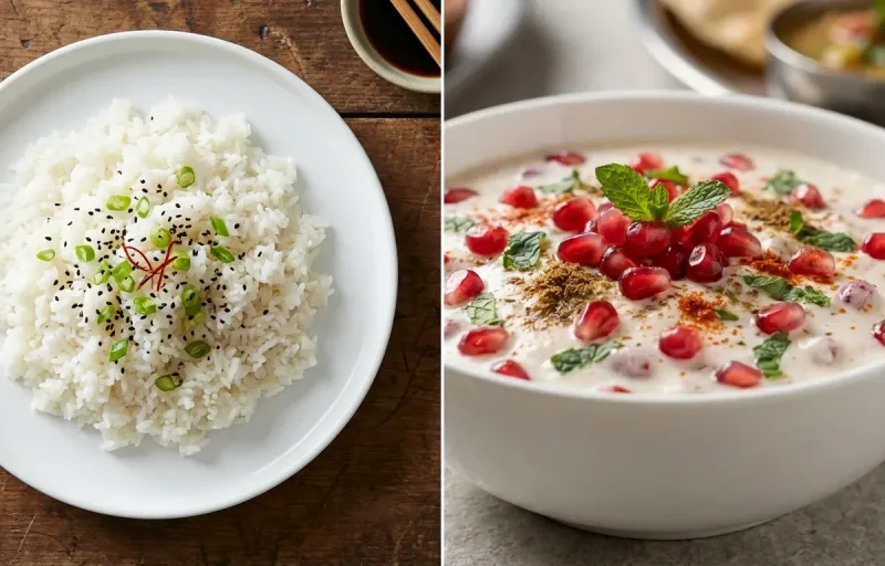 Bengali Cholar Dal with Steamed White Rice, Egg Bhurji Main, Pomegranate Raita and Mint Coriander Chutney No-Salt