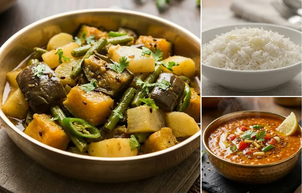 Bengali Chorchori with Steamed Basmati Rice and Masoor Dal Tadka