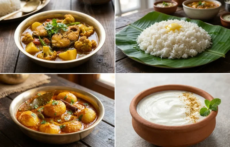Bengali Fish Curry with Steamed White Rice with Bengali Aloor Dum with Dahi