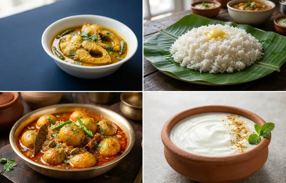 Maccher Jhol with Steamed Rice with Alu'r Dom with Dahi