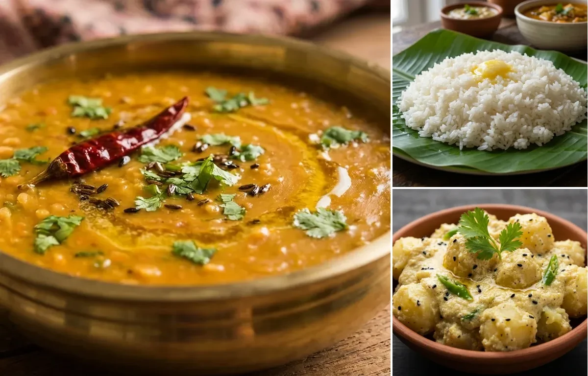 Bengali Masoor Dal, Steamed Rice and Aloo Posto