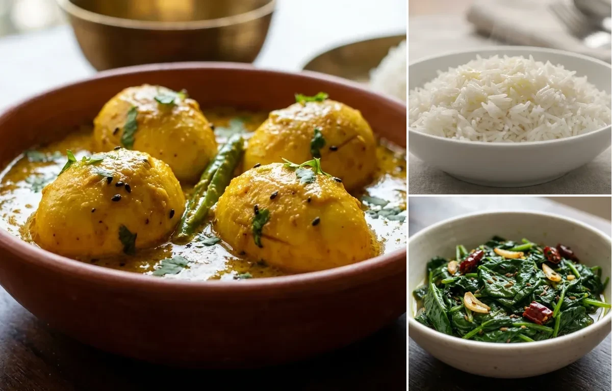 Bengali Mustard Egg Curry with Steamed Basmati Rice and Saag Bhaja