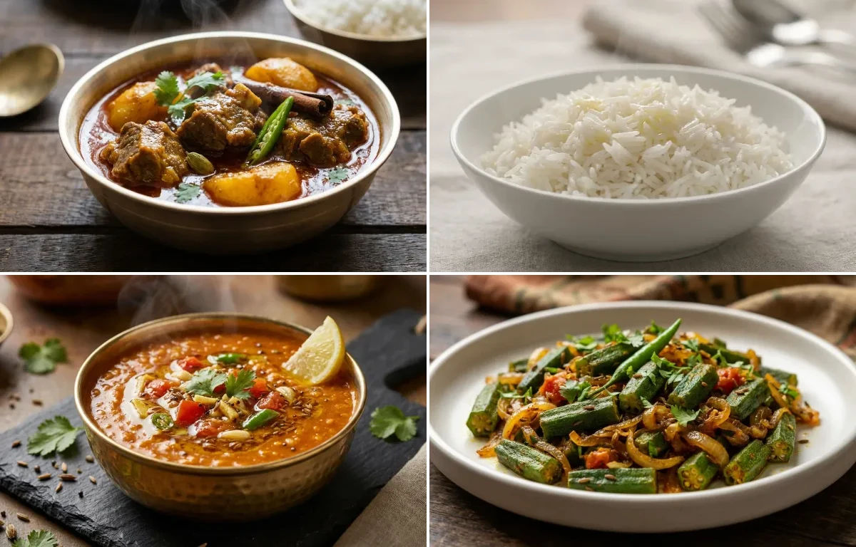 Bengali Mutton Curry with Steamed Basmati Rice, Masoor Dal Tadka and Bhindi Bhaji
