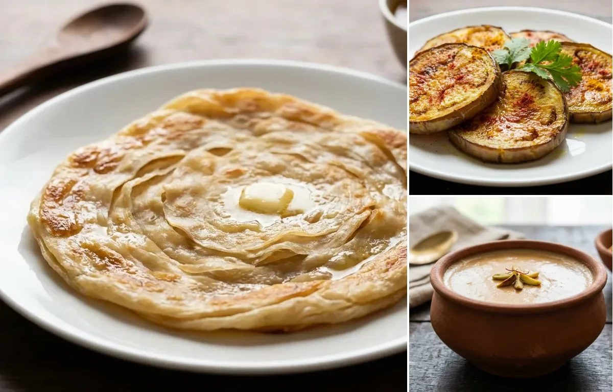 Bengali Porota with Begun Bhaja and Mishti Doi