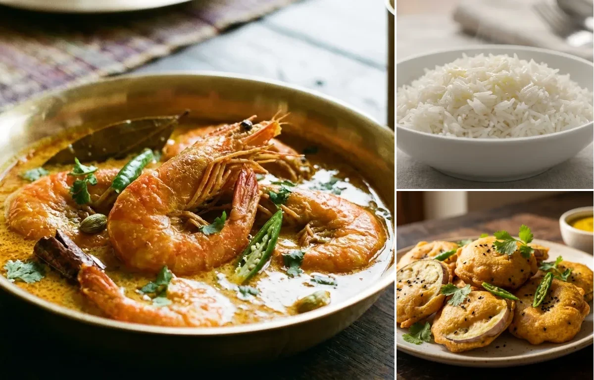 Bengali Prawn Curry with Steamed Basmati Rice and Beguni