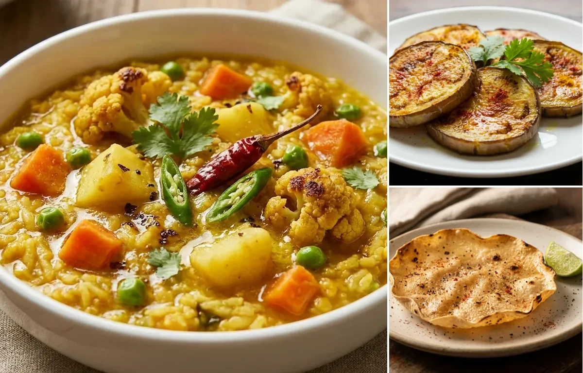 Bengali Sobji Khichuri with Begun Bhaja