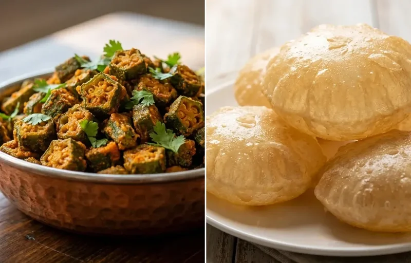 Besan Bhindi Fry with Phulko Luchi