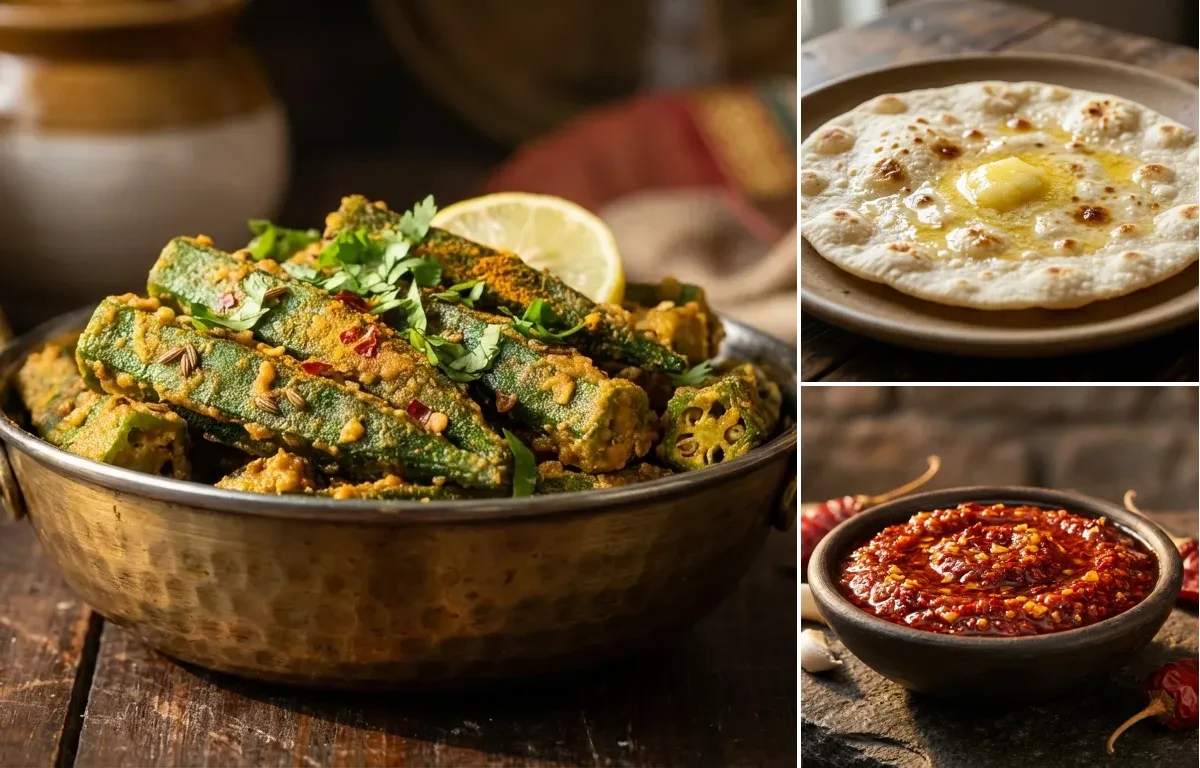 Besan Bhindi with Jowar Roti and Lehsun Chutney