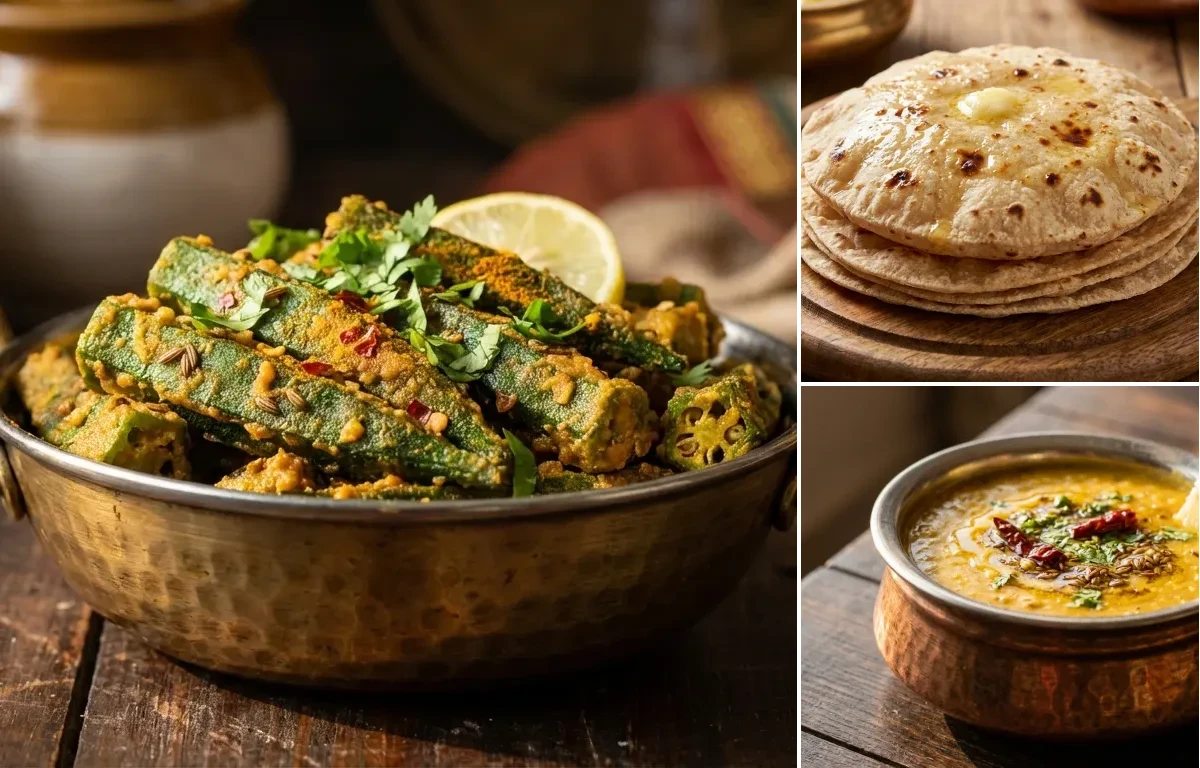 Besan Bhindi with Phulka Roti and Dal Fry