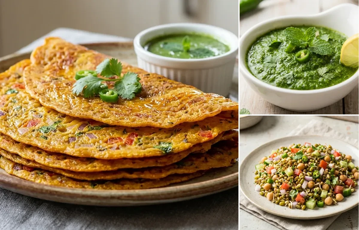 Besan Cheela, Mint Coriander Chutney and Mixed Sprout Salad