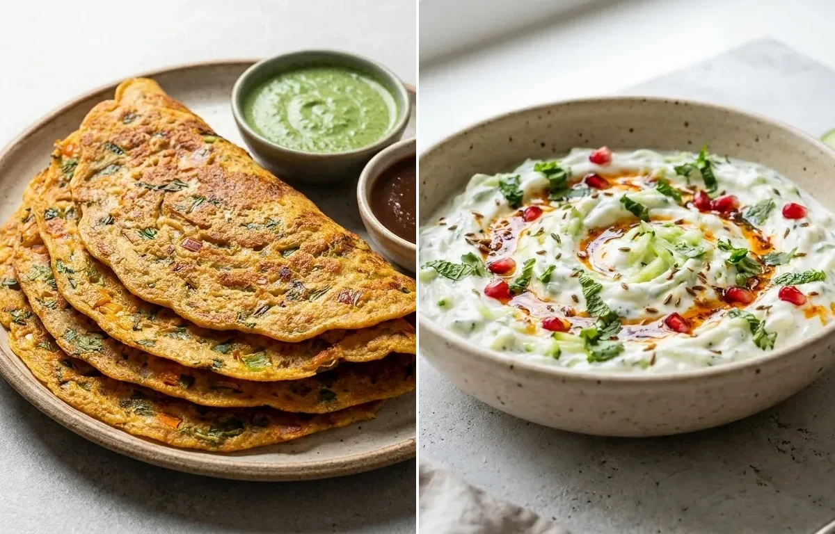 Besan Cheela with Cucumber Greek Yogurt Raita