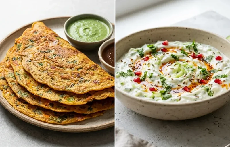 Besan Cheela with Cucumber Greek Yogurt Raita