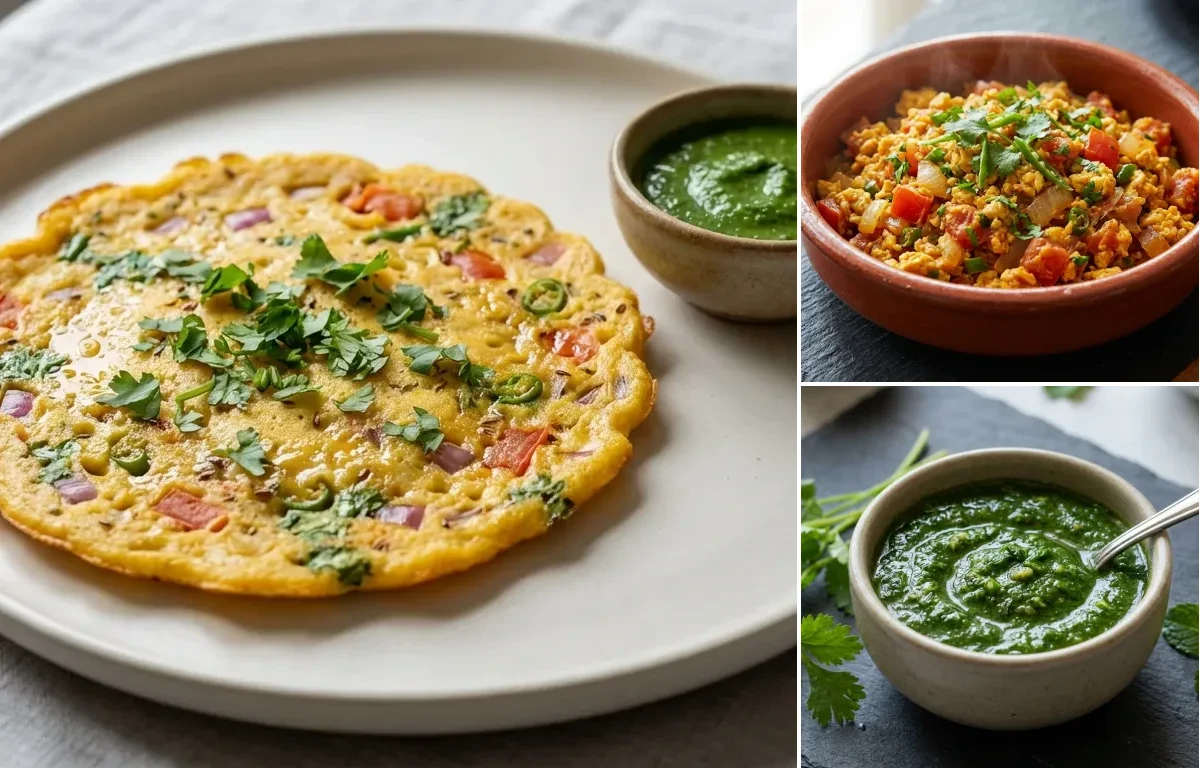 Besan Chilla with Anda Bhurji Filling and Coriander Mint Chutney