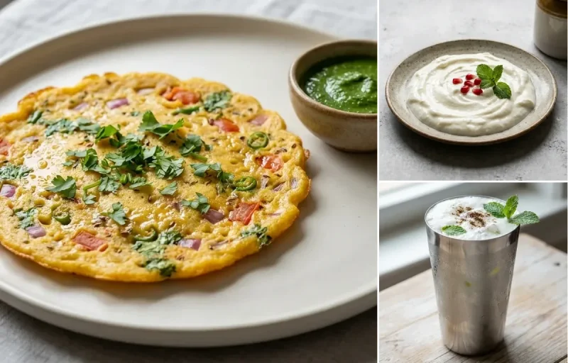 Besan chilla + Curd + Lassi