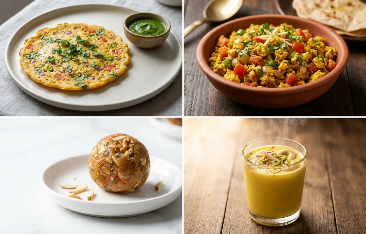 Besan Chilla with Egg Bhurji with Gond Ladoo with Masala Doodh