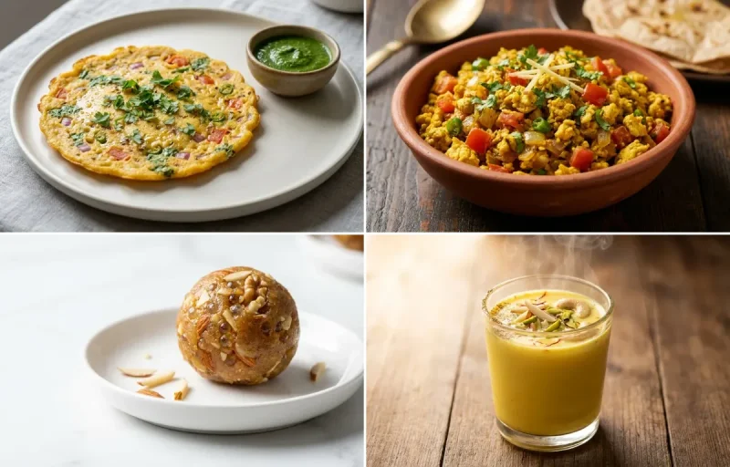 Besan Chilla with Egg Bhurji with Gond Ladoo with Masala Doodh