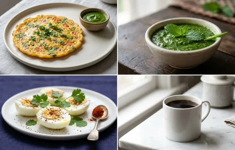 Besan Chilla with Mint Chutney with Boiled Egg Whites with Black Coffee