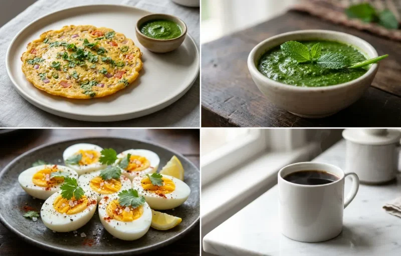 Besan Chilla with Mint Chutney with Boiled Egg with Black Coffee