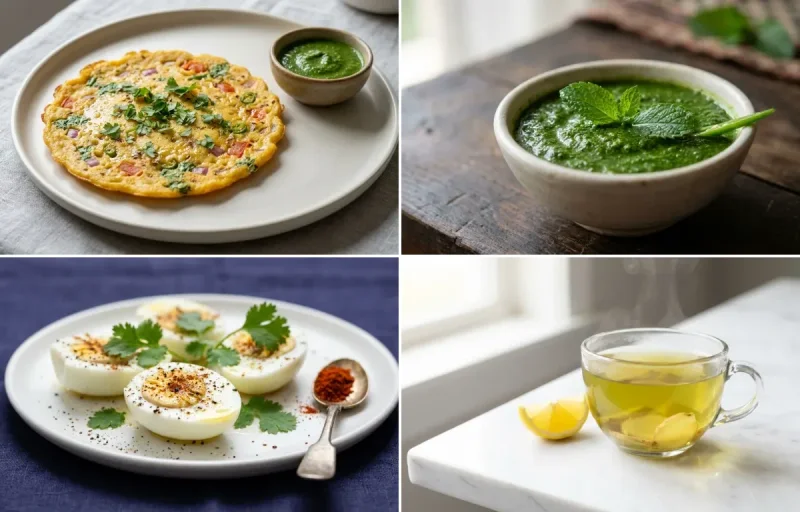 Besan Chilla with Mint Chutney with Boiled Egg Whites with Green Tea