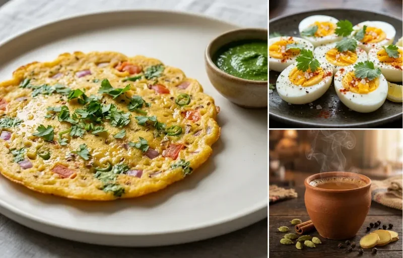 Besan Chilla with Mint Chutney with Boiled Egg with Masala Cha