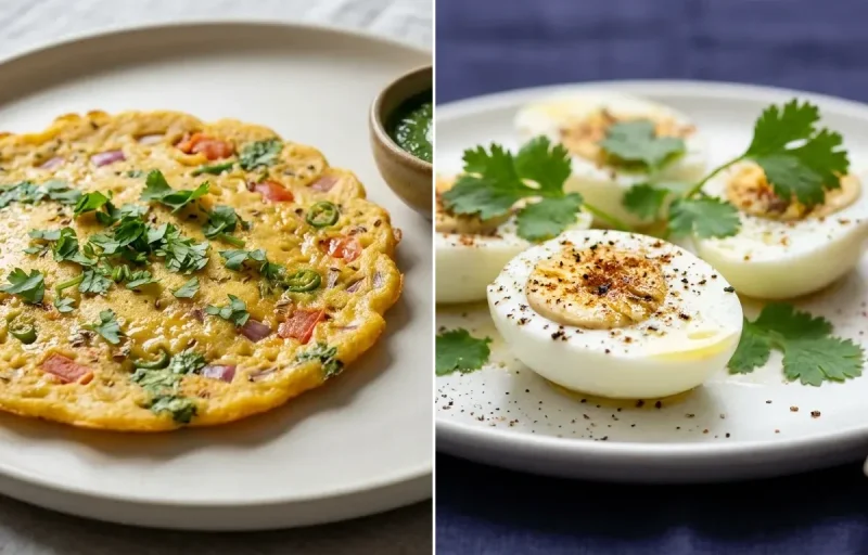 Besan Chilla with Mint Chutney with Boiled Egg Whites with Papaya Boat with Black Coffee